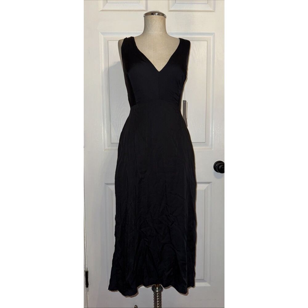 NEW $188 By Anthropologie Black V Neck Tie Back Cutout Dress Size S Midi